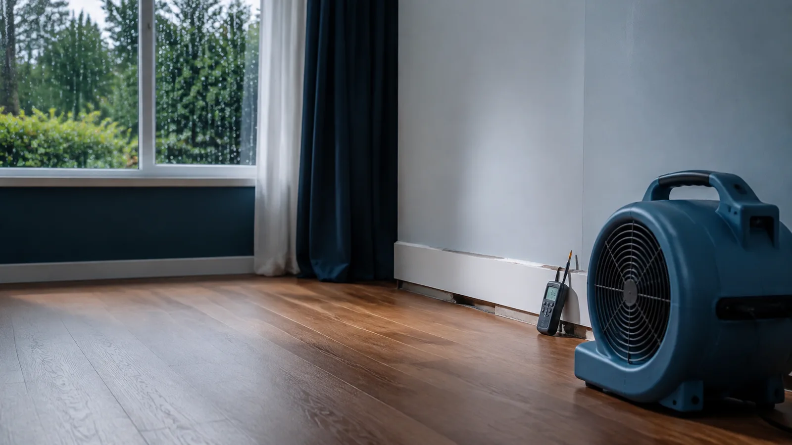 Clean residential room with professional drying equipment staged after minor water intrusion